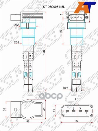 Катушка зажигания Audi A4 00-09 / A6 97-10 Sat арт. ST-06C905115L