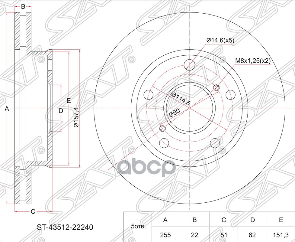 Диск тормозной (Перед) Toyota Mark II (X90,X100) 92-00 / Chaser 92-01 Sat арт. ST-43512-22240