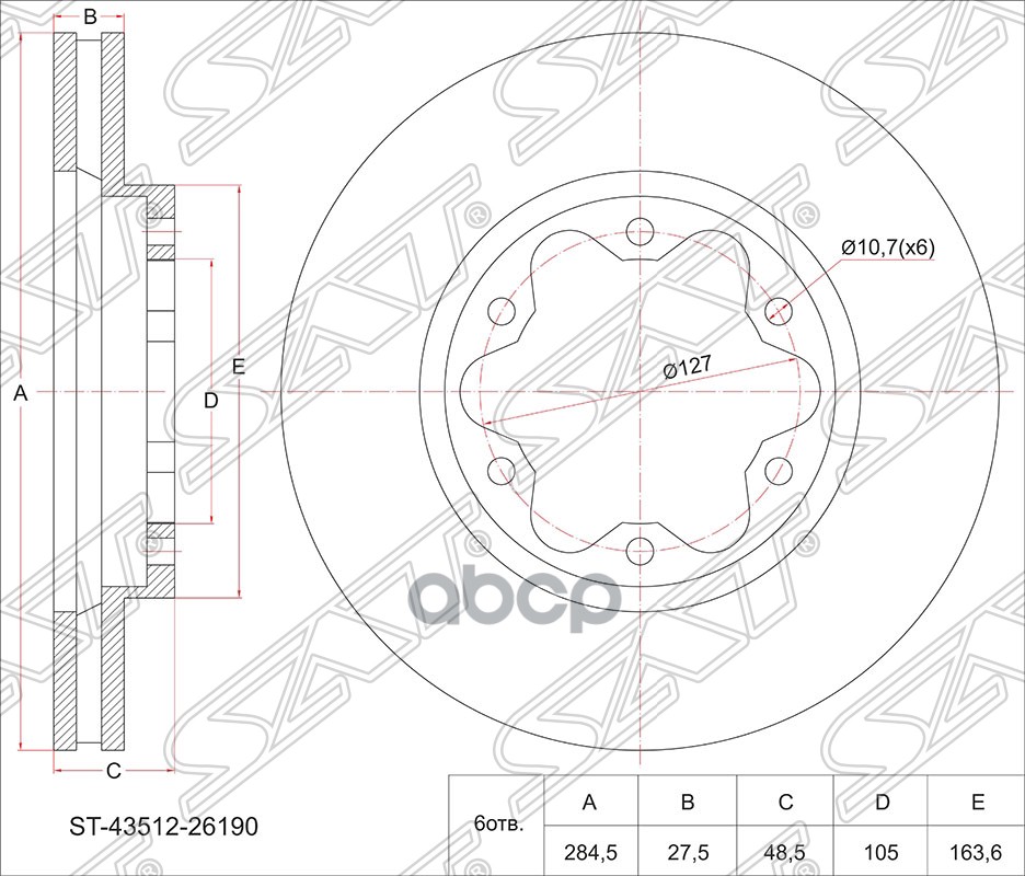 Диск тормозной (Перед) Toyota Hiace 04-20 / Land Cruiser Prado 02-07 Sat арт. ST-43512-26190