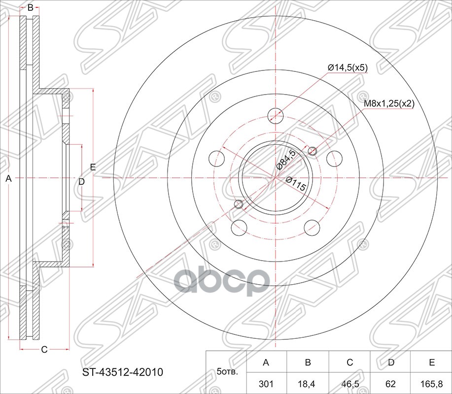 Диск тормозной (Перед) Toyota RAV4 (XA10) 94-00 Sat арт. ST-43512-42010