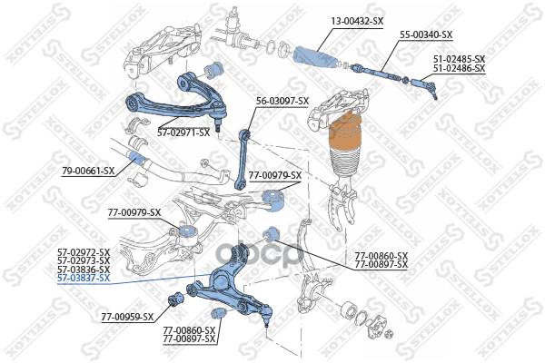 рычаг перед.подвески нижний прав.  Q7/Porsche Cayenne/ Toueg 3.0-4.8/3.0-6.0D 07 5703837SX Stellox арт. 5703837SX