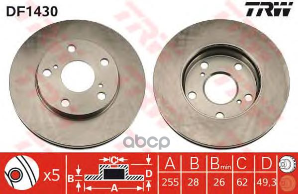 Диск Тормозной Передний Toyota Camry/Picnic All 91-01 /Vent.d=255Mm Trw Df1430 TRW арт. DF1430