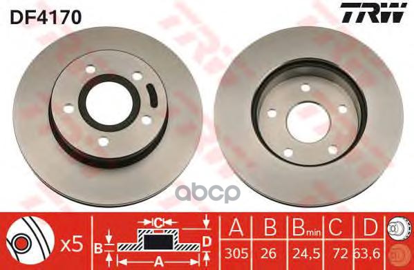 Диск тормозной передний JEEP Grand Cherokee I/II 00-> /D=305mm TRW DF4170 TRW арт. DF4170