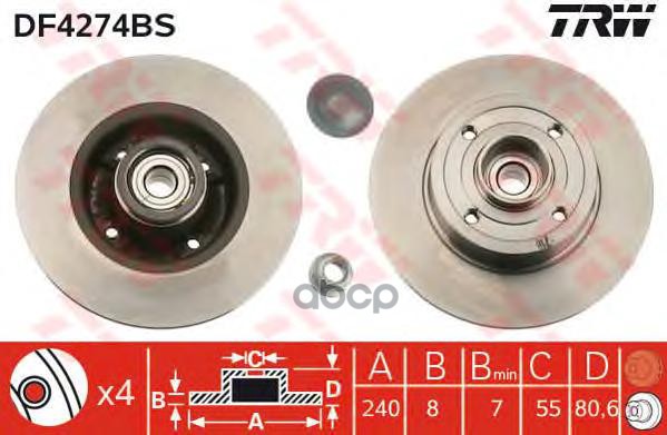 Диск тормозной задний с подшипником RENAULT CLIO III, MEGANE II TRW DF4274BS TRW арт. DF4274BS