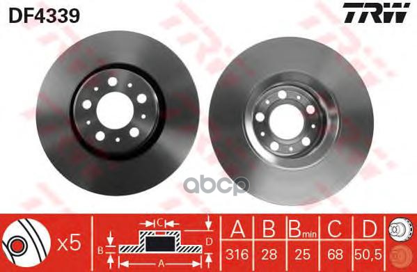 Диск тормозной передний VOLVO S60, XC90 DF4339 TRW арт. DF4339