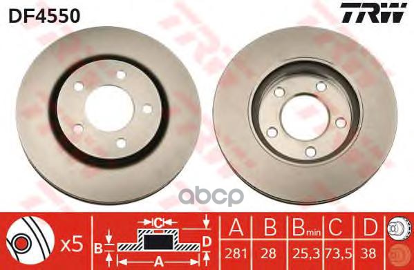 Диск тормозной передний DODGE Caravan/CHRYSLER Voyager 00-> /Vent.D=281mm TRW DF4550 TRW арт. DF4550