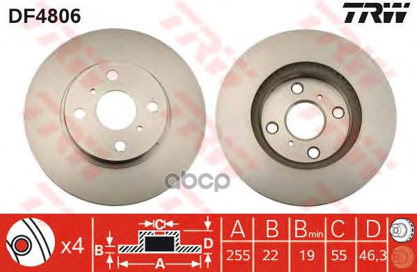 Диск тормозной задний TOYOTA Yaris II 2006-> /D=255mm TRW DF4806 TRW арт. DF4806