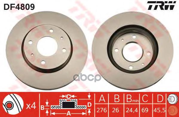 Диск тормозной передний MITSUBISHI GALANT VI, LANCER (CS) DF4809 TRW арт. DF4809
