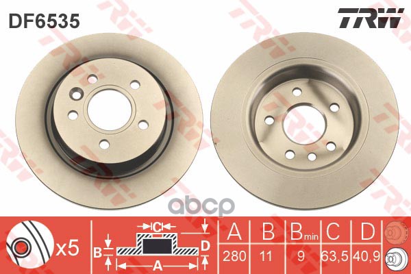 Диск тормозной задний VOLVO V40 2012-> /D=280mm TRW DF6535 TRW арт. DF6535