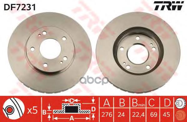Диск Тормозной Передн Mitsubishi: Space Runner (N1_w, N2_w) 91-99 , Space Runner (N50) 99-, Space Wagon (N5_w) 98- TRW арт. D...
