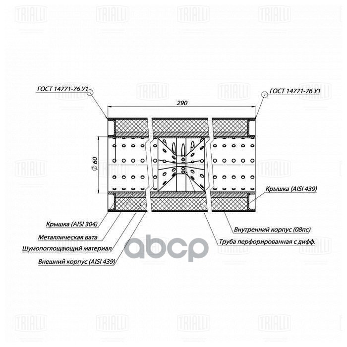Пламегаситель универс. 100/290-60 с перф. диффузором (нерж. сталь) (ESM 10029060d) Trialli арт. ESM10029060D