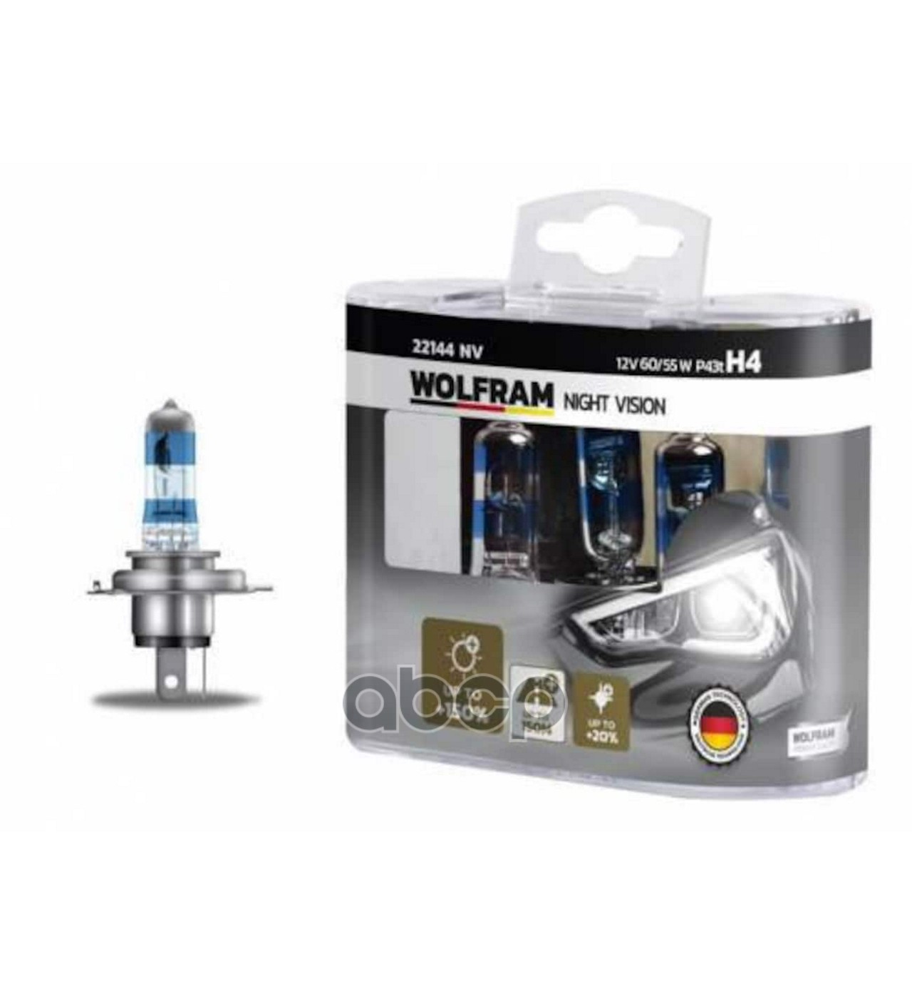 Лампа 12V H4 60/55W P43t Wolfram Night Vision +150% Extra Light + 20% Whiter 2 Шт. Duobox 22144Nv WOLFRAM арт. 22144NV