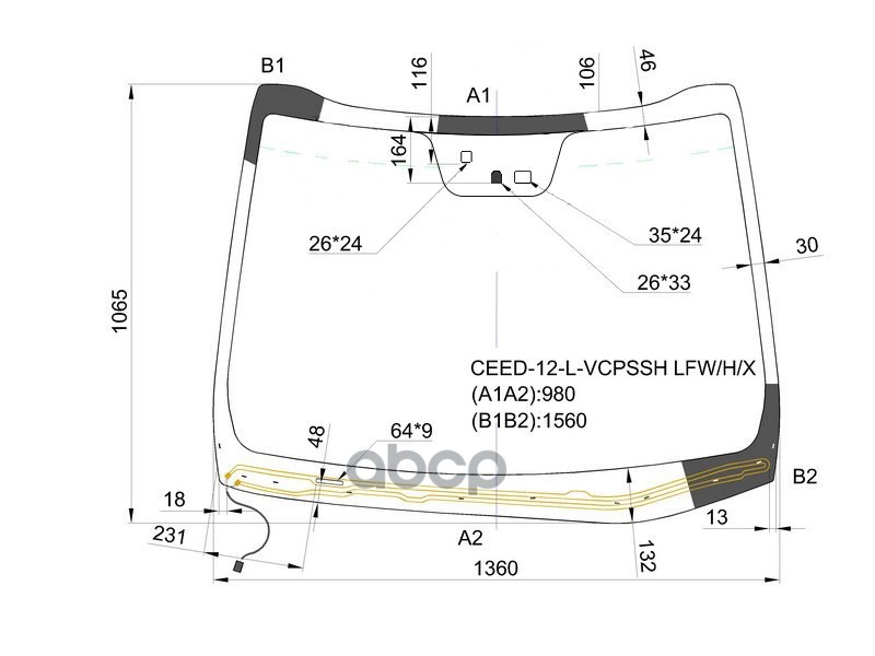 Стекло лобовое (Обогрев щеток/ Датчик дождя) Kia Ceed 12-16 XYG арт. CEED-12-L-VCPSSH LFW/H/X
