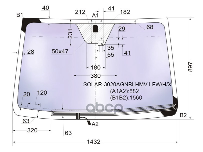 Стекло Лобовое (Атермальное/ Обогрев Щеток/ Датчик Дождя) Ssangyong Actyon 05-10 / Actyon Sports 06- XYG арт. SOLAR-3020AGNBL...
