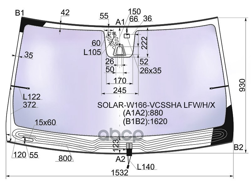 Стекло Лобовое (Атермальное/ Обогрев Щеток/ Антенна/ Камера/ Датчик Дождя/ Молдинг) Mercedes-Benz M- XYG арт. SOLAR-W166-VCSS...