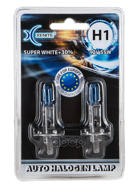 Лампа галогеновая головного света H1 P14,5s 4000K Super White+30% 12V 55W Блистер 2шт Xenite арт. 1007042