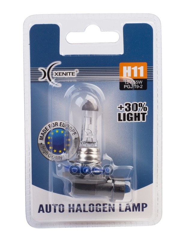 Лампа галогеновая головного света H11 PGJ19-2 +30% 12V 55W Блистер 1шт Xenite арт. 1007087