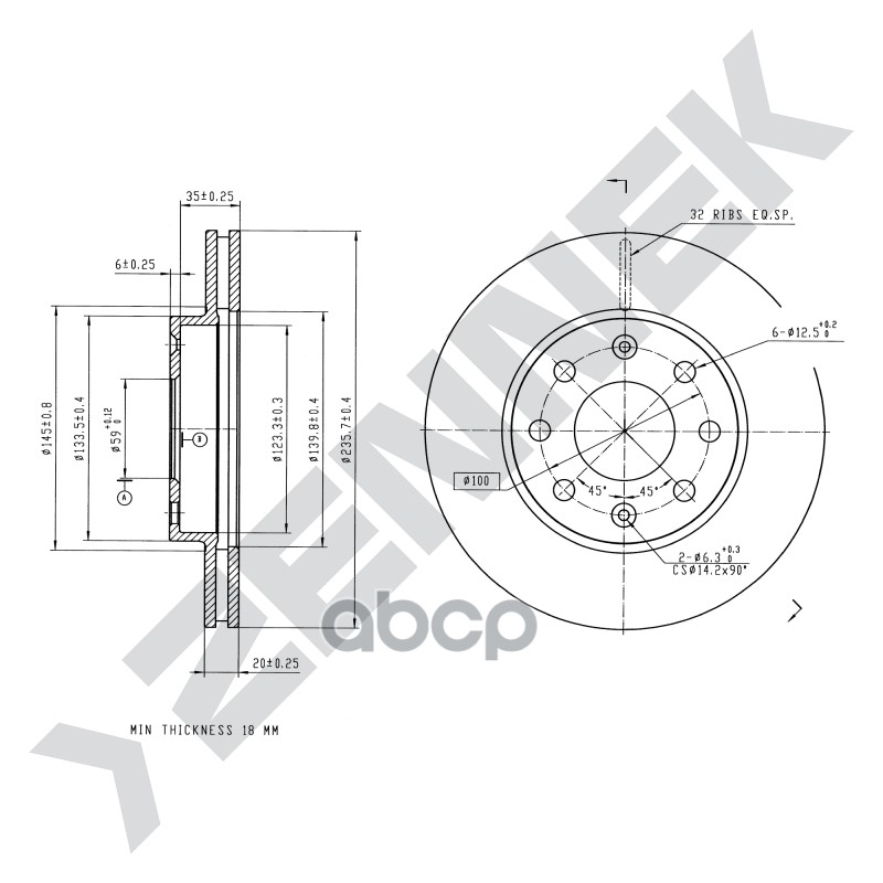 Диск тормозной передний CHEVROLET AVEO 05-10, SPARK 09-> ZENNEK DBD0159 ZENNEK арт. DBD0159