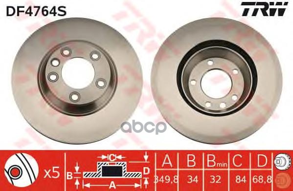 Диск тормозной передний левый 350мм. AUDI: Q7 (4LB),  3.0 TDI quattro,  3.0 TFSI quattro,  3.6 FSI q ZF Russia арт. DF4764SZFR