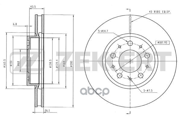 Диск торм. перед. Volvo 850 95-  940 I  II 90-  C70 97-  S70 96-  S90 97-  V70 95-  V90 97- Zekkert арт. bs-5123