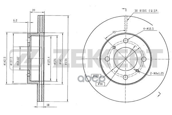 Диск торм. перед. Mitsubishi Carisma 95-  Colt IV  V 92-  Lancer V  VI 92- Zekkert арт. bs-5139