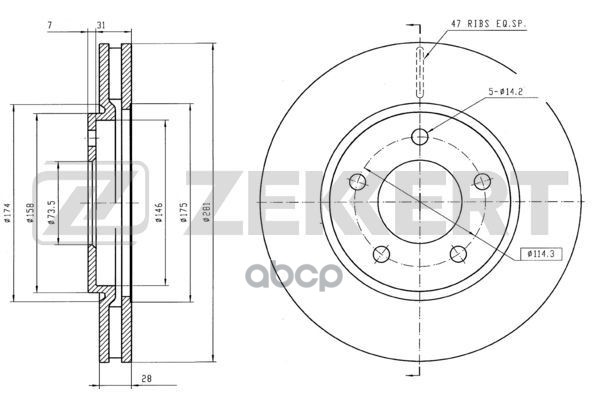 Диск торм. перед. Chrysler Voyager IV 00-  Dodge Caravan IV 01- Zekkert арт. bs-5221