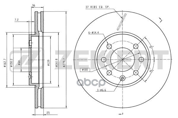 Диск торм. перед. Opel Astra H 04-  Meriva A 03- Zekkert арт. bs-5307