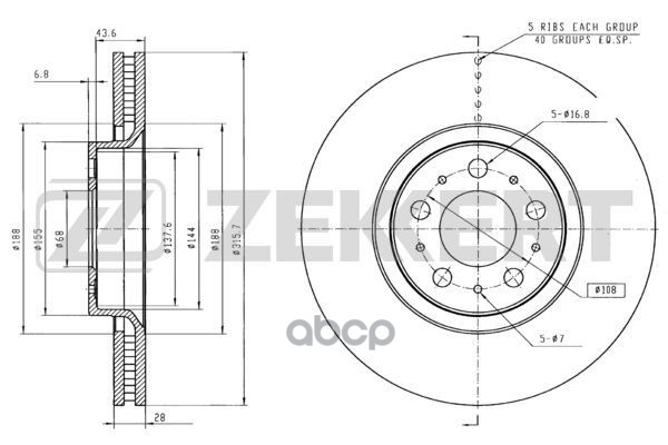 Диск торм. перед. Volvo S60 00-  XC90 02- (внешний D=316мм) Zekkert арт. bs-5429