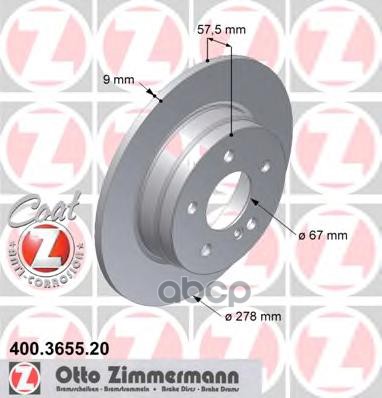 Диск Тормозной Зад. [278X9] 5 Отв[Min 2] Coat Z Mb W204 Zimmermann 400.3655.20 Zimmermann арт. 400.3655.20