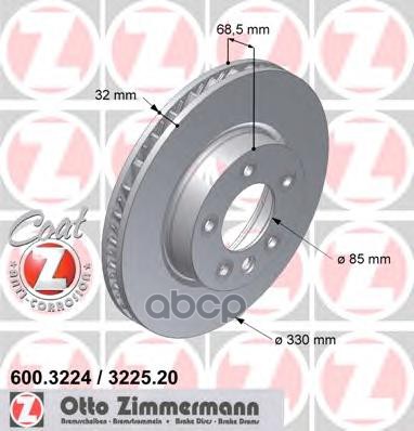 Диск тормозной левый VAG/PORSCHE с антикоррозионным покрытием Zimmermann арт. 600.3224.20