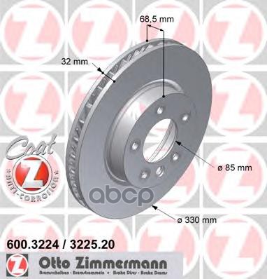 Диск тормозной передний R PORSCHE Cayenne 02-10 / VW Touareg 02-18 ZIMMERMANN 600.3225.20 Zimmermann арт. 600.3225.20